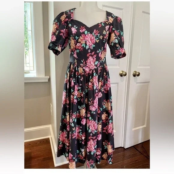 Laura Ashley prairie Floral black Dress with Pink and green Accents puff sleeve - Picture 8 of 13